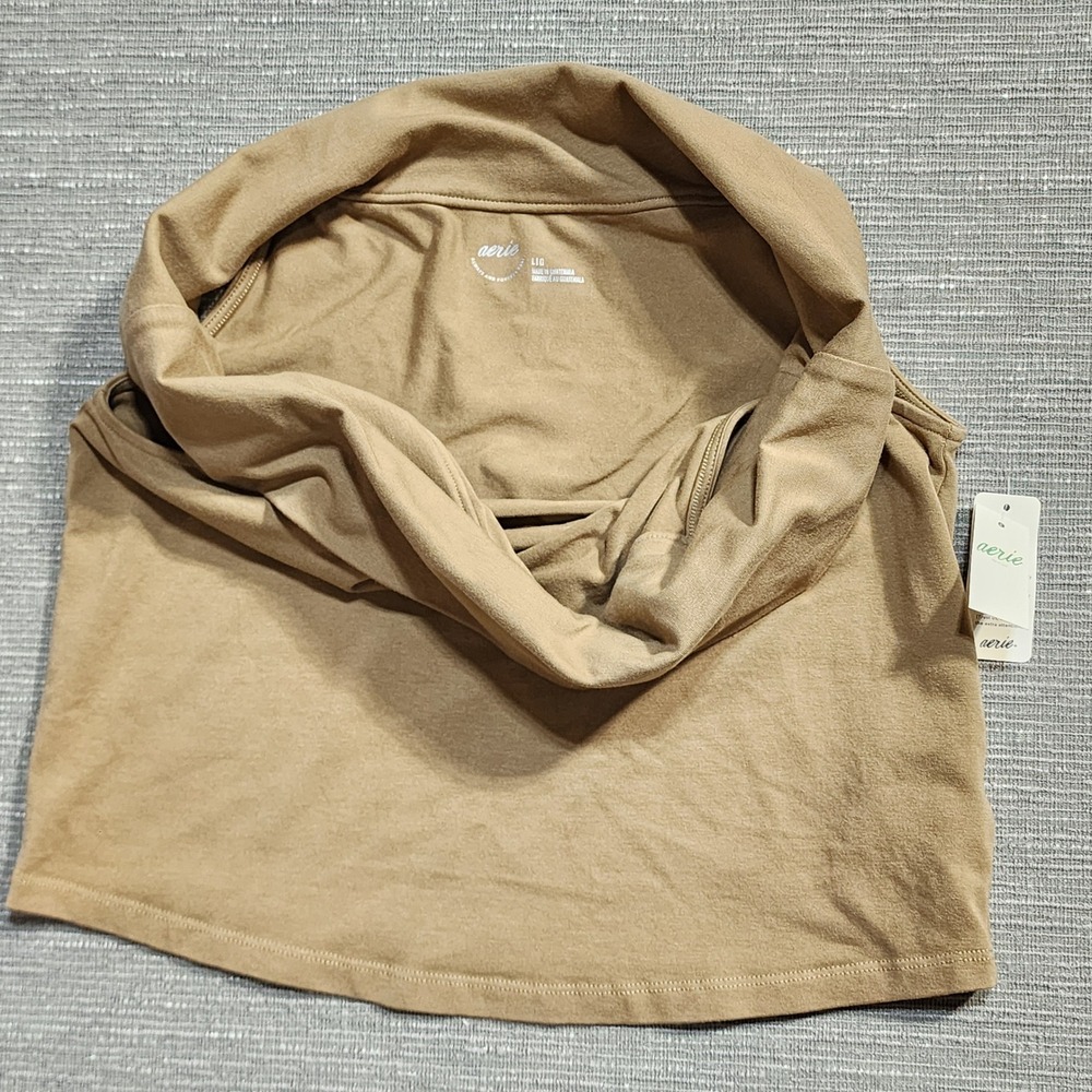 Aerie Tan Brown Off The Shoulder Crop Top Sleeveless Folded Neck Size L NEW - Picture 6 of 9